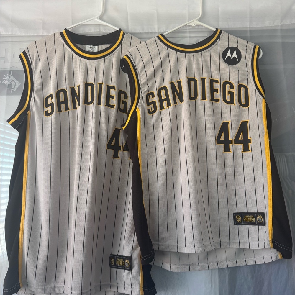 Matching San Diego Striped SD Padres Jerseys one for men XL, one for women L.